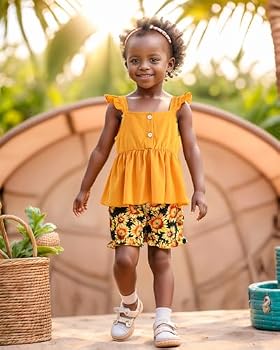 Toddler Girl Summer Outfits – 2-Piece Ruffle Sleeveless Top & Shorts Sets, Floral & Boho Styles
