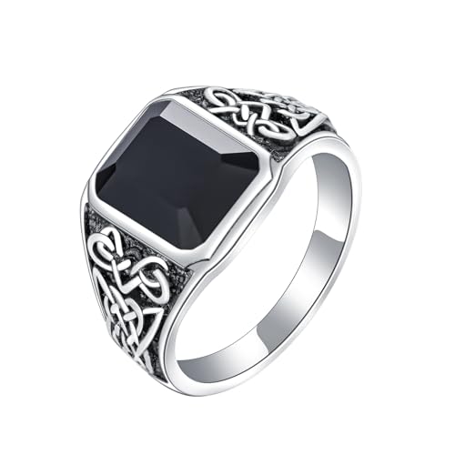 Celtic Knot Men’s Ring 925 Sterling Silver Cushion Black Onyx/Turquoise Band, Vintage Irish Trinity Band Spiritual Jewelry for Engagement Wedding Anniversary Father’s Day Gift
