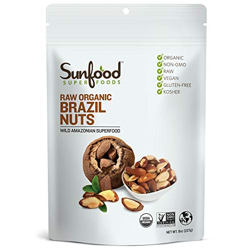 Sunfood Superfood Brazil Nuts - Raw Organic - Non GMO - Rich in Protein, Fiber, Healthy Fats - Low Temperature Dried to Preserve Nutrients - No Preservatives pr Additives 8 oz Bag