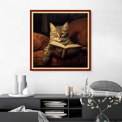 Image of Joyhoor Cross Stitch Kits for Beginners Stamped Cross-Stitch Supplies Needlework preprint Embroidery Kits for Adults DIY Needlepoint Kits Embroidery Patterns 11CT-Cat Reading 18.x18 inch