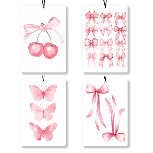 Image of Coquette Pink Bow Car Air Freshener 4Pcs, Girly Car Accessories for Women, Preppy Air Freshener forCar Interior Closet Drawer Books, Preppy Pink Cherry Butterfly CarMirror Decor Hanging