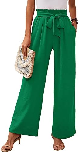 Heymoments Women's Wide Leg Lounge Pants with Pockets Green Large Lightweight High Waisted Adjustable Tie Knot Loose Comfy Casual Trousers