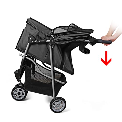Pet Strollers For Small Medium Dogs & Cats, 3-Wheel Dog Stroller Folding Flexible Easy To Carry For Jogger Jogging Walking Travel With Sun Shade Cup Holder Mesh Window (Black) #TOP4
