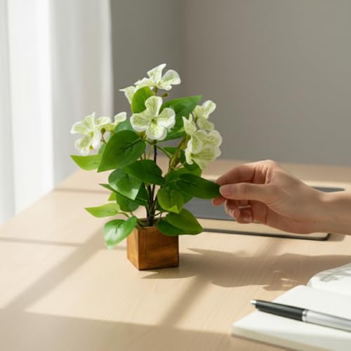 Image of fancymart Artificial Flower Plant Set of 2 with Wooden Pot - 23 cm Height | Real-Touch Faux Floral Decor for Home, Office, Living Room, Bedroom, Desk & Gift Purpose