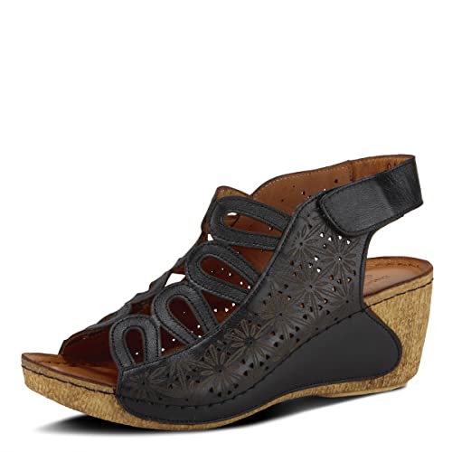 Spring Step Inocencia Women's Leather Wedge Sandals | Low Heel Sandals for Women with Floral Laser Cut Design, Hook and Loop Strap, Mediterranean Style