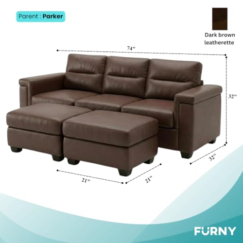 Image of FURNY Parker 3 Seater Sofa Set with 2 Ottoman | Premium Leatherette Finish | Durable Comfort Sofa for Modern Living Room & Office Spaces