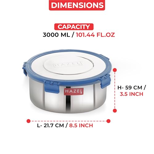 Image of HAZEL Stainless Steel Wafer & Chips Snack Storage Container, 3000 Ml, Airtight Dabba, Silver