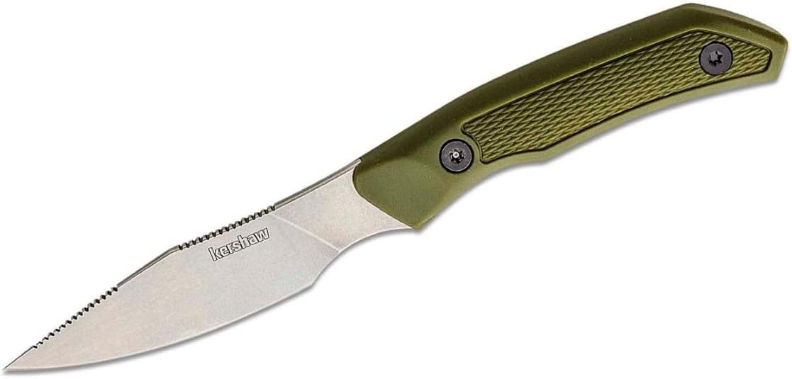 Kershaw Deschutes Caper Fixed Blade Knife, Olive Design, 3.3 Inch D2 Steel Fixed Clip Point Blade, Full Tang Design, EDC, Molded Sheath, Everyday Carry Knife for Men and Women