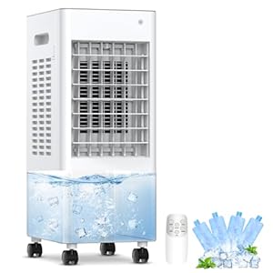 Mobile Klimaanlage Mobil Klimagerät Luftkühler 4 in 1 Ventilator mit Wasserkühlung Klimagerät ohne Abluftschlauch Verdunstungskühler mit 8L Wassertank 7,5h Tmer 4 Kühlakku Fernbedienung