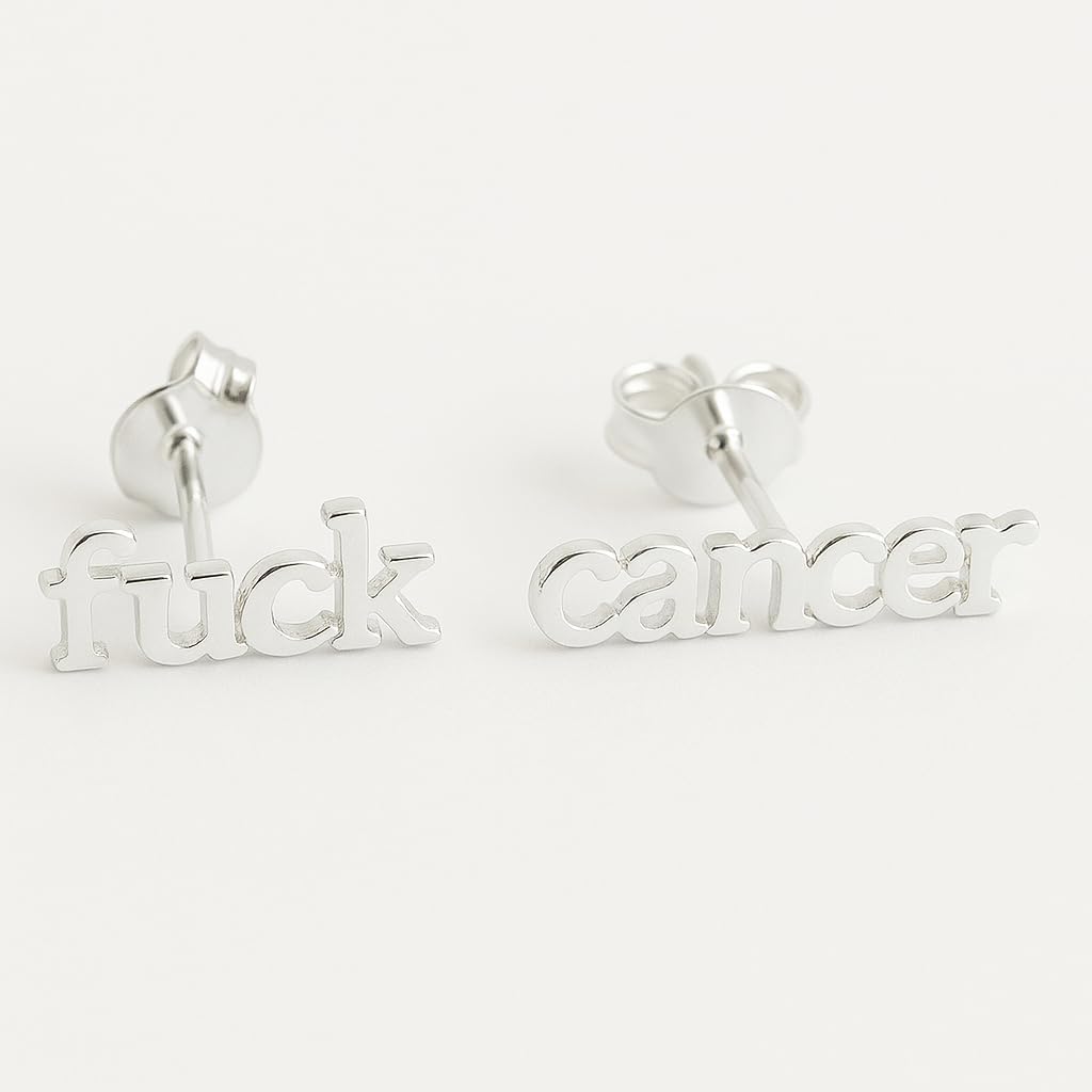 Fuck Cancer Handmade Tiny Dainty Sterling Silver Stud Earrings - Survivor Mother's Day Gift - Hypoallergenic Minimalist Jewelry Gift Ideas