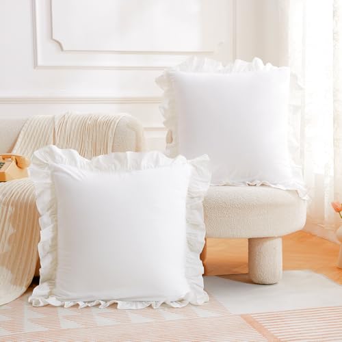 White Ruffle Throw Pillow Covers 18x18 inches, 2 Pack 100% Washed Cotton Farmhouse Pillow Shams, White Throw Pillow Cases for Couch, Living Room and Bed, Farmhouse Pillowcases