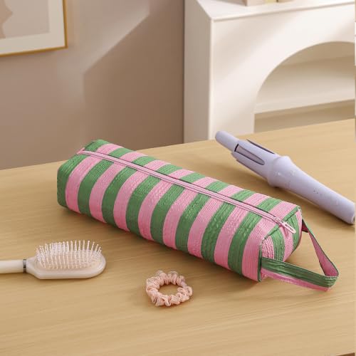 Image of RSRSLEII Striped Hair Tools Travel Bag,Hair Styling Accessories Storage Case for Shark FlexStyle,Dyson Airwrap Hair Dryer,Curling Iron,Straightener,Revlon Hair Tools,Portable&Foldable(14Green&Pink)