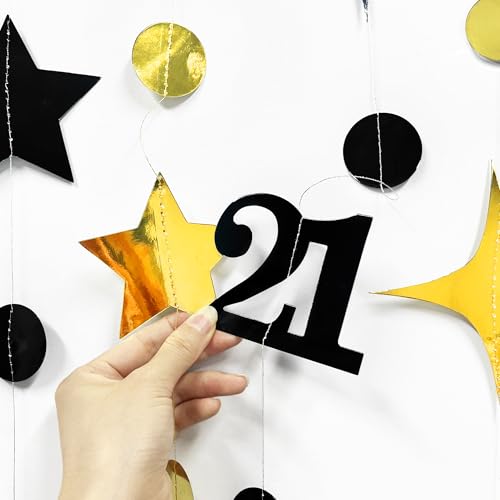 Image of Black Gold 21st Birthday Decorations Number 21 Circle Dot Twinkle Star Garland Hanging Streamer Banner Backdrop for Girls Boys Cheers to 21 Years Finally Legal Bday 21st Anniversary Party Supplies