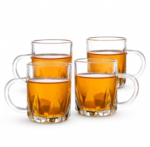 Image of IndusBay Pack of 4, 230 ML Square Borosilicate Glass Tea Cups Clear Glass Tea Coffee Mugs with Handle, Microwave Safe, Clear