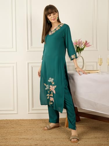 Image of INDO ERA Women's Silk Blend Floral Embroidered Straight Kurta & Pant Set (IESTR12217)