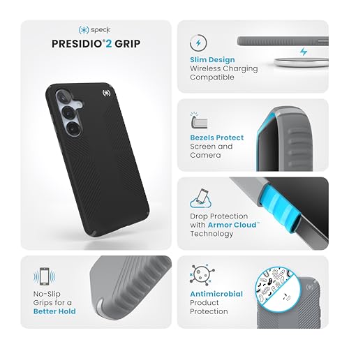 Image of Speck Samsung Galaxy S25 Plus Case - 13-Foot Drop Protection, No-Slip Grips - Samsung S25 Plus Case - Raised Bezel and Enhanced Buttons - Presidio 2 Grip - Black /Slate Grey (Pack of 1)