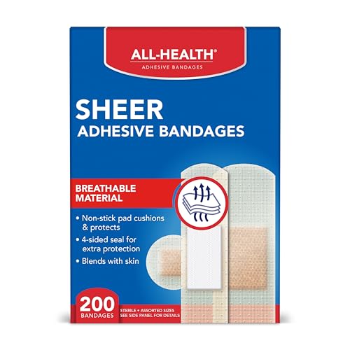 All Health Adhesive Sheer Bandages, 200 Count Assorted Sizes | Soft, Flexible Material, Protection for First Aid and Wound Care