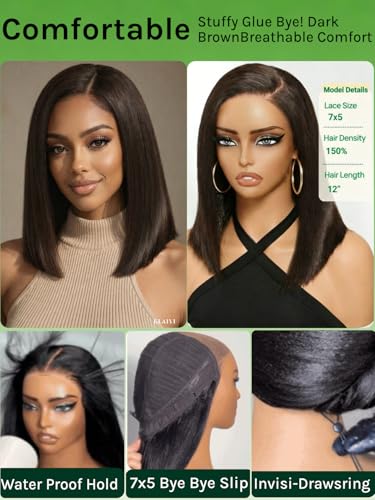 KLAIYI Bye Bye Slip™ Glueless Dark Chocolate Brown Side Part Yaki Straight Bob Wig Human Hair Ombre Precut 7x5Lace Front Wig Drawstring Blunt Cut Pre Plucked Bleached Knots Ready to Wear Go Wig 14Inch - Image 6