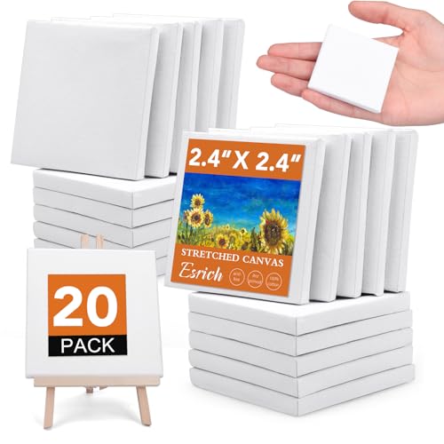 ESRICH Mini Stretched Canvas 20Pack 2.4x2.4inch 2/5Profile Art Primed Canvases for Painting Cotton Small Professional Stretched Canvas for Kids and Art Supplies.