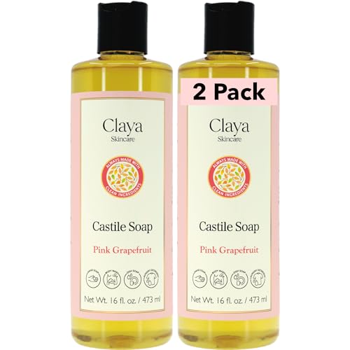 Image of Claya Pink Grapefruit Liquid Castile Soap - Organic Ingredients, Biodegradable, Citrusy Fresh Scent, Gentle for Skin and Multi-Purpose Use (2 Pack of 16 fl oz (Disc Cap))