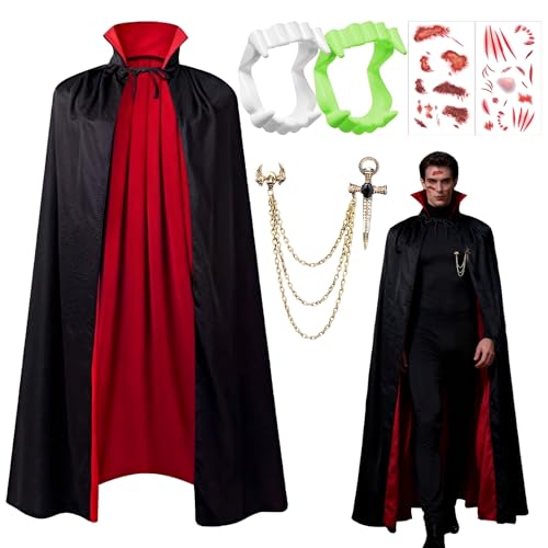 Snyvpra Vampir Kostüm Herren Set Mit Vampir Umhang, Vampirzähnen & Brosche