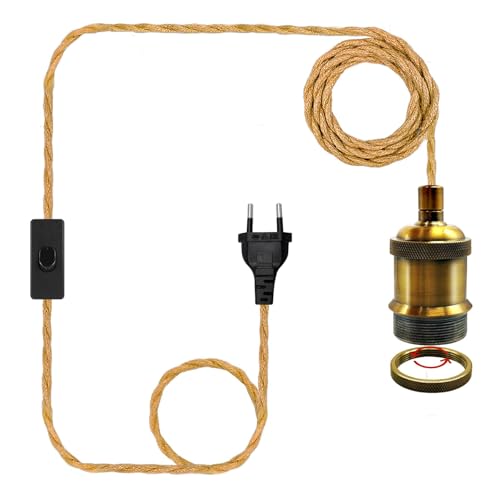 510CM Cable de Lámpara de Cuerda de Cáñamo, E26 E27 latón Antiguo Base de Vintage Lámpara Cuerda Colgante, Portalámparas Colgante Metal con Enchufe y Interruptor para Hogar Bar Estilo Rústico