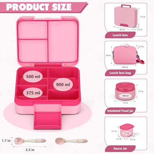 Image of WyfKyd Bento Lunch Box Set with Soup Thermo Food Container for Kids Adults | Bento Box Set with 9.5oz Soup Thermo Kids Leak-proof Lunch Box Container with Insulated Hot Food Jar and Bag for School Pink