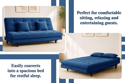 Image of Los Angeles Modern Convertible Futon Sofa Bed, Tufted Upholstered Folding Couch with Adjustable Backrest, Space Saving Sleeper Sofa for Living Room, Apartment, Office, Dorm & Guest Room - Blue