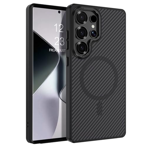 Image of BENTOBEN Carbon Fiber Back Cover Case for Samsung Galaxy S25 Ultra, Compatible with Mag-Safe, Slim Flexible Shockproof Anti-Scratch Anti-Slip Bumper Protection, TPU+Polycarbonate, Black