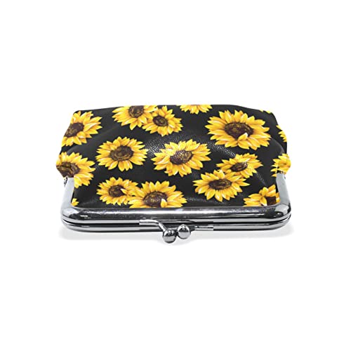 Zzaeo Yellow Floral Sunflower Pattern Black Cute Coin Purse For Women And Girls Retro Money Pouch With Kiss-Lock Buckle Small Wallet Card Change Holder #TOP3