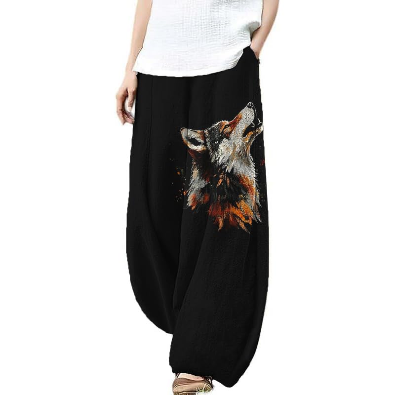 Womens Linen Pants Baggy Wide Leg Pants Animal Wolf Casual Flowy Boho Harem Sweatpants Lantern Trousers Elastic Waist