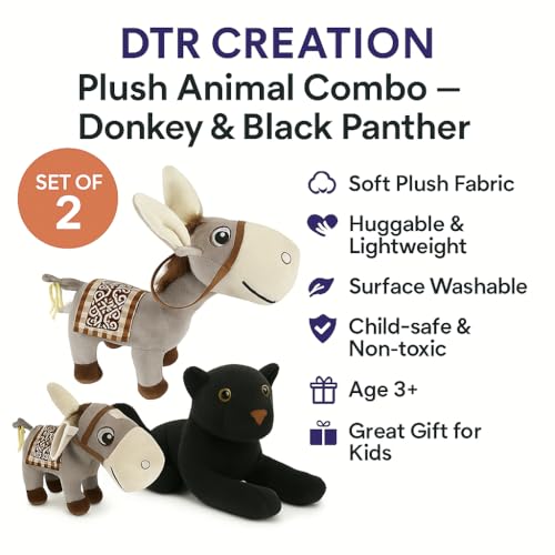 Image of Cute Donkey & Panther Plush Toy Combo - 30 cm Soft Stuffed Animals for Kids | Super Soft & Huggable for Boys & Girls (Pack of 2)