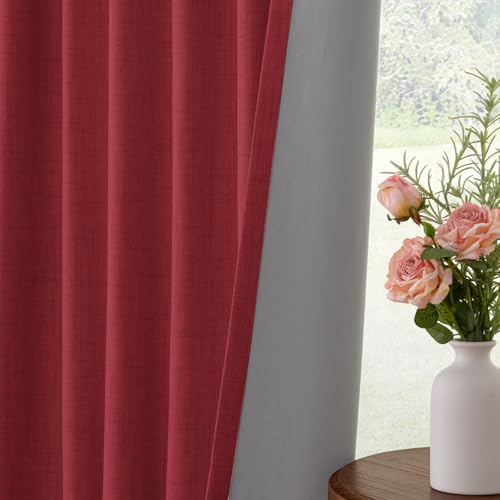 Image of INOVADAY 100% Blackout Curtains for Bedroom, Ruby Red Black Out Curtains 84 Inch Long, Clip Rings Linen Blackout Drapes, Thermal Insulated Room Darkening for Living Room, 2 Panels - W50xL84