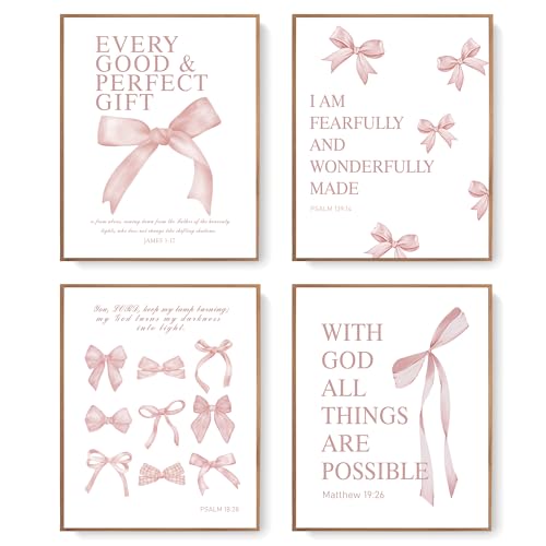 Image of LARTSFRO Coquette Pink Bow Wall Art Decor Posters, Blush Pink Bow Room Bedroom Bathroom Dorm Wall Art Decor Aesthetic for College Teen Girls Gifts, Inspirational Bible Verses Bow Wall Decor, 10x8 Inch Set of 4 Pcs Bow Pictures (UNFRAMED)