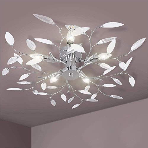 BAKAJI Lampadario Plafoniera Rami e Foglie Struttura in Metallo Cromato con Foglie in Acrilico 3 Luci Lampadina E14 Max 40W Lampada Soffitto Design Moderno Dimensione 45 x 15 cm