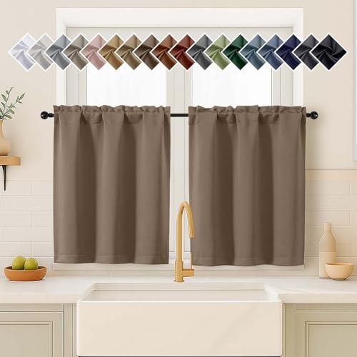Image of Brown Blackout Curtains for Small Window Treatment, Light Blocking Short Kitchen Window Curtains Over Sink, Dual Rod Pocket Half Window Tiers for Bathroom Basement, 2x40Wx36L Inches