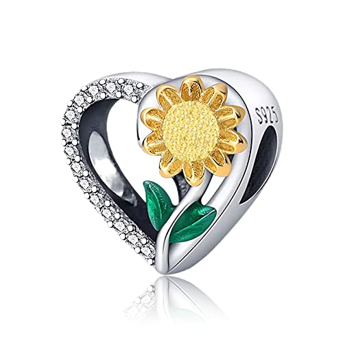 Amuefer Cuore Girasole Charm Compatibili Bracciale Collana, Argento Sterling Ciondolo Natale Gioielli Regali per le Donne Ragazza Moglie Bambini Amici