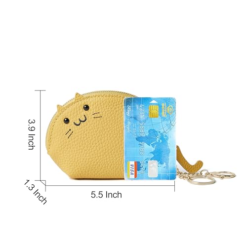 Image of Doris&Jacky Small Leather Coin Purse for Women, Mini Cat Coin Pouch And Animal Zipper Card Holder Wallet With Keychain (3-Light Yellow)