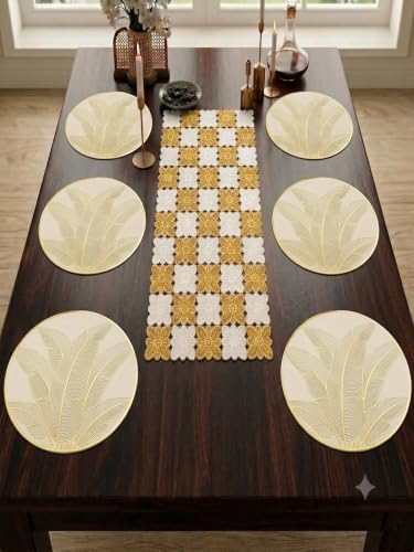 Image of Dakshya Industries PVC Waterproof Round Table Placemat & Table Runner Combo Set | 6 Round Table Mats (38 x 38 cm) + 1 Table Runner | Heat Resistant, Washable, Non Slip Dining Table Decor (Grandis)