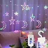 ALFEUND 138 Led Curtain String Light Star Moon Icicle Light with 8 Lighting Modes with Timer Remote USB Operated Dimmable Fairy String for Window Wall Home Decoration