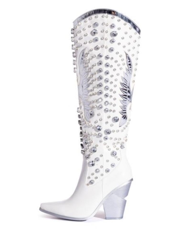 VARECOLA Stylish Womens Knee-High Boots with Embroidery and Studded Details - Comfortable PU Material Slip-On Design 8cm Low