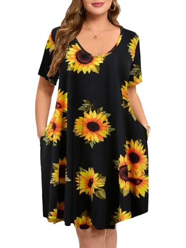 Image of ZENNILO Women's Plus Size Swing Dress with Pockets Casual Summer Dresses V Neck Short Sleeve T Shirt Dress for Women
