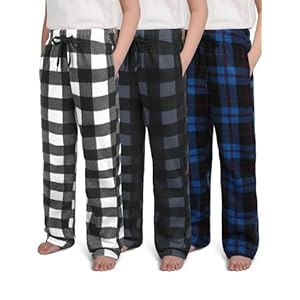 IHU Paquete de 3 pantalones de pijama para niños, suaves, de microforro polar, ropa a cuadros, pantalones de pijama con bolsillos con cordón
