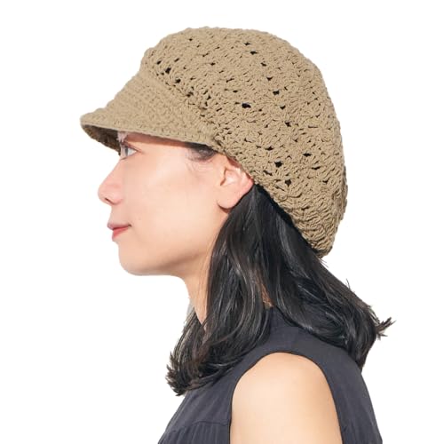CHARM Women's Vintage Lace Beret with Visor, A Handmade 100% Cotton Sun Hat & Summer Raffia Crochet Cap Beige