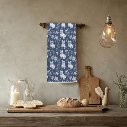 Image of Blue Chinoiserie French Bulldog Dish & Hand Towel, Dog Lover Gifts for Women Mom, Vintage Floral Dog Kitchen & Tea Towels for Kitchen Bathroom Decor, 16x24 Inch