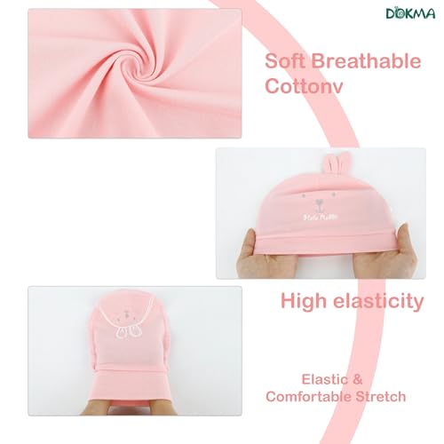 DOKMA Organic Cotton Baby Mittens and Caps Set with Adorable Bunny Design for Newborn 0-6 Months, No Scratch, Ultra Soft, Lovely Pink4