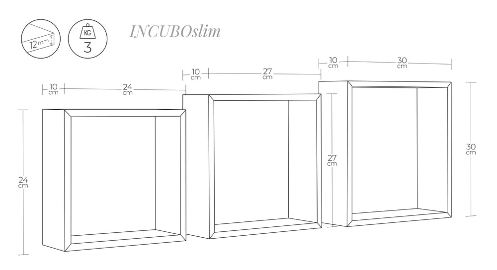 MODULARREDO | INCUBO SLIM Set di 3 Mensole da Muro, Cubi Arredo, Mensole Cubo, Cubi da Parete, 30x30x10cm 27x27x10cm e 24x24x10cm, Rovere Grigio Nuovo - Made in Italy