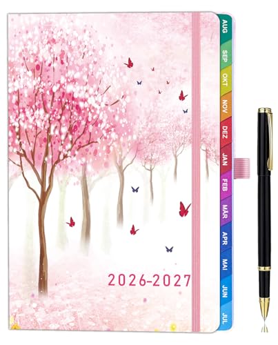 ZXHQ Lehrerkalender 2026–2027 A5+, Lehrerplaner mit Monatsübersicht & Farbig Gestalteten Monatsregistern, Hardcover, Mit Innentasche, 208 Seiten, 16,5 x 22 cm, Sakura Rosa