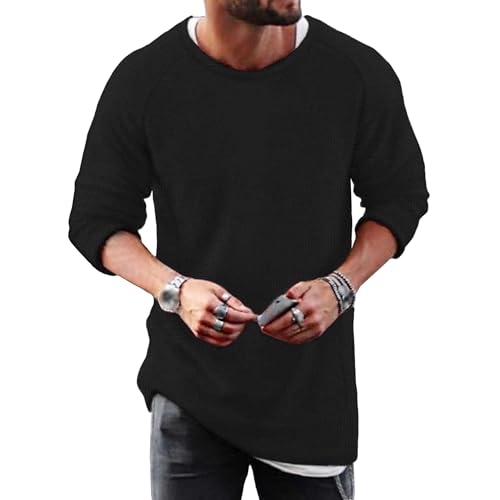 Men's Stretch Textured Casual Knit Pullover Crewneck Cotton Blend Long Sleeve Solid Color Classic Sweater