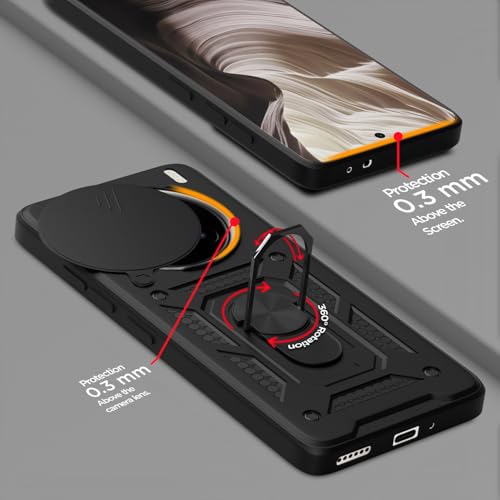 Image of Pikkme Back Cover for Vivo X200 Pro 5G | D10 Tough Armor | 360 Protection Case | Sliding Camera Shield Cover & Ring Holder Stand Bumper Case (Black)